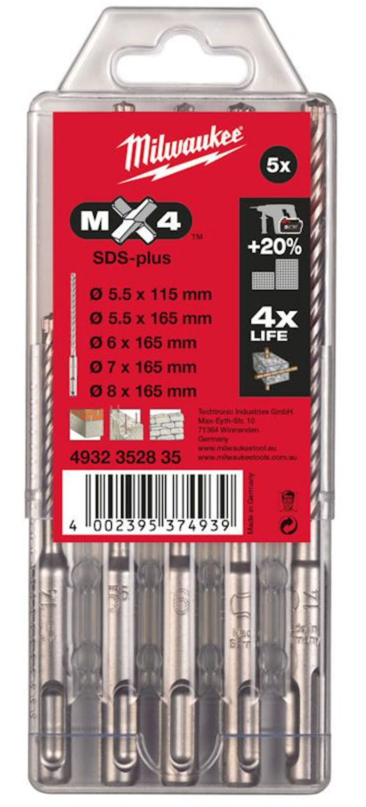 Milwaukee MX4 SDS Plus drill bit set pack of 5pc