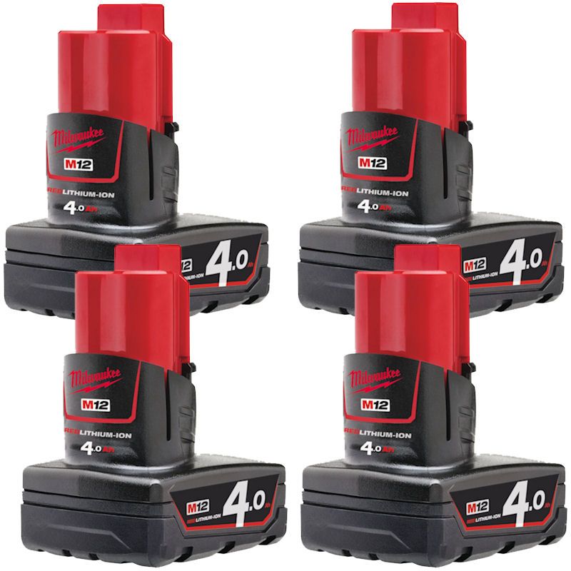 MILWAUKEE 4X M12B4 M12 4.0AH RED LITHIUM-ION BATTERIES