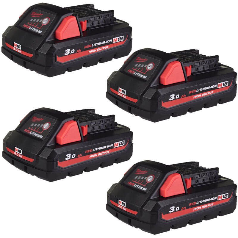 MILWAUKEE 4X M18HB3 M18 3.0AH HIGH OUTPUT RED LITHIUM-ION BATTERIES