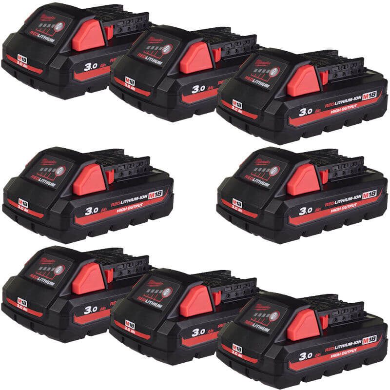 MILWAUKEE 8X M18HB3 M18 3.0AH HIGH OUTPUT RED LITHIUM-ION BATTERIES