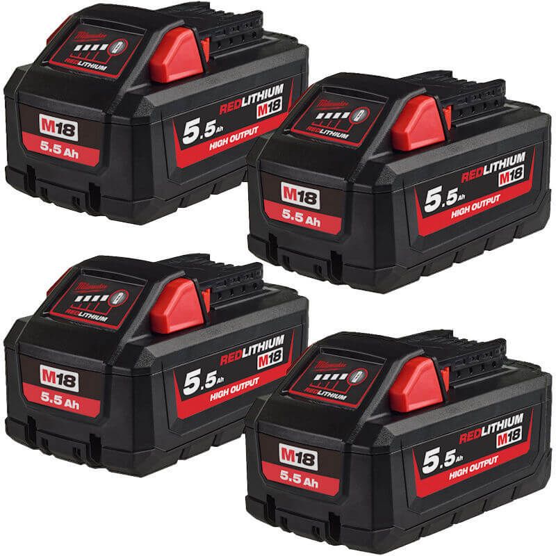 MILWAUKEE 4X M18HB5.5 M18 5.5AH HIGH OUTPUT RED LITHIUM-ION BATTERIES