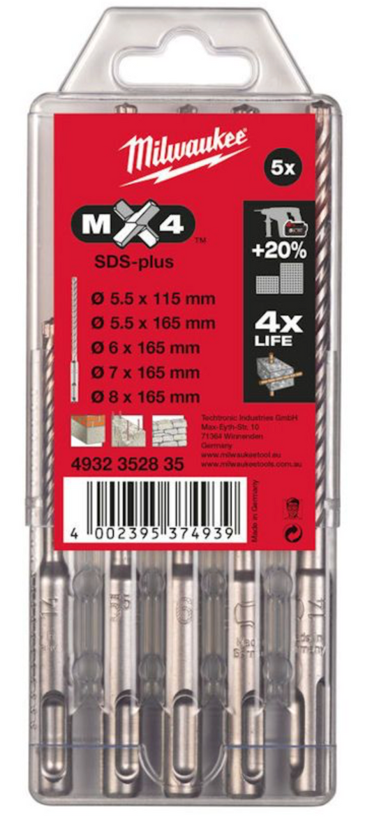 Milwaukee MX4 SDS Plus drill bit set pack of 5pc
