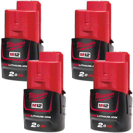 MILWAUKEE 4X M12B2 M12 2.0AH RED LITHIUM-ION BATTERIES