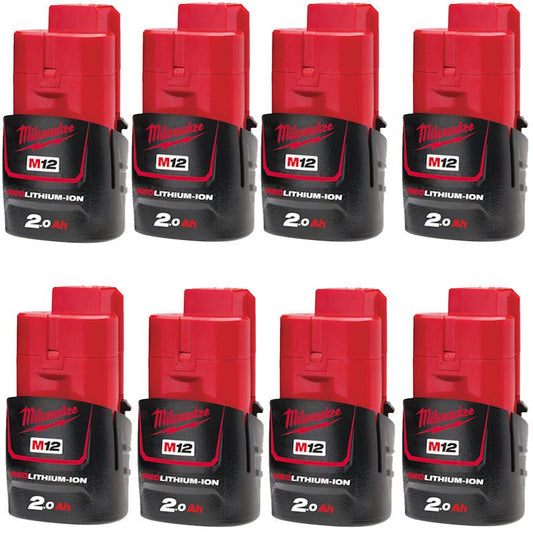 MILWAUKEE 8X M12B2 M12 2.0AH RED LITHIUM-ION BATTERIES