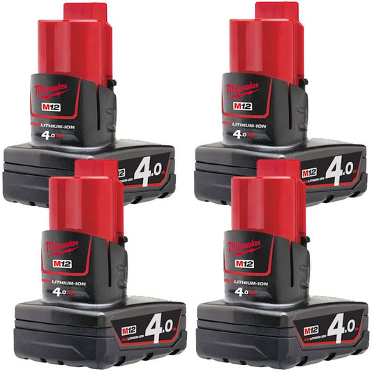 MILWAUKEE 4X M12B4 M12 4.0AH RED LITHIUM-ION BATTERIES