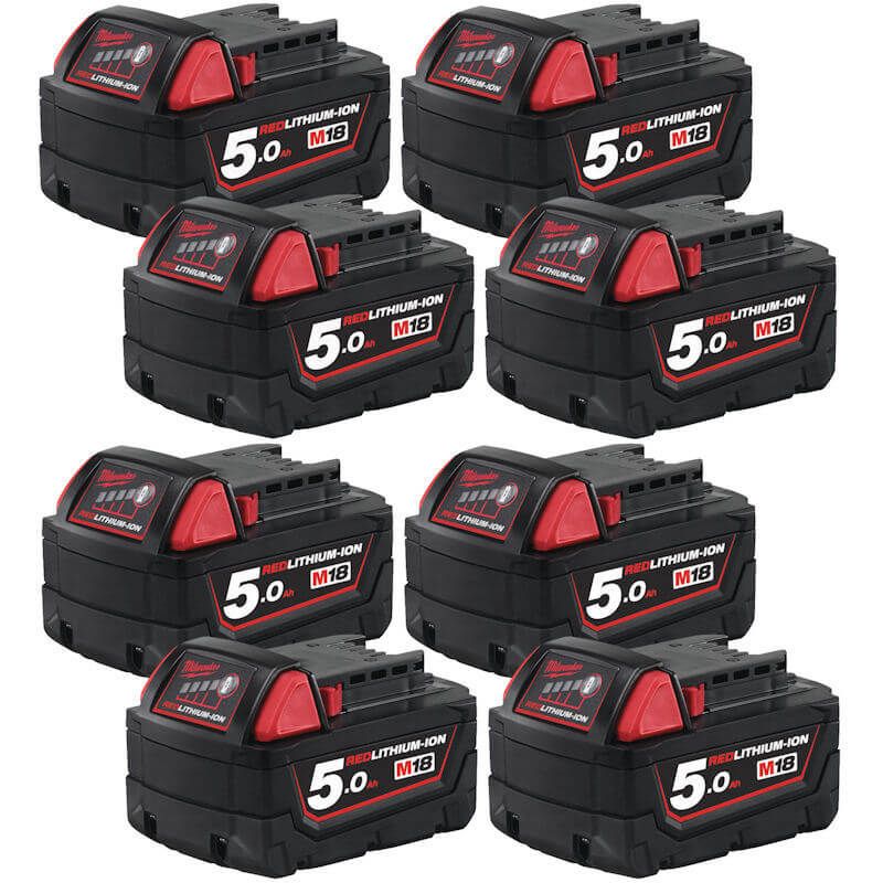 MILWAUKEE 8X M18B5 M18 5.0AH RED LITHIUM-ION BATTERIES