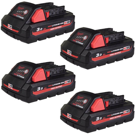 MILWAUKEE 4X M18HB3 M18 3.0AH HIGH OUTPUT RED LITHIUM-ION BATTERIES
