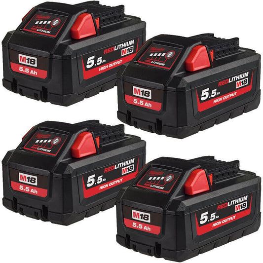MILWAUKEE 4X M18HB5.5 M18 5.5AH HIGH OUTPUT RED LITHIUM-ION BATTERIES