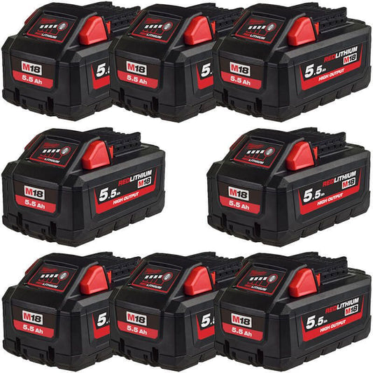 MILWAUKEE 8X M18HB5.5 M18 5.5AH HIGH OUTPUT RED LITHIUM-ION BATTERIE