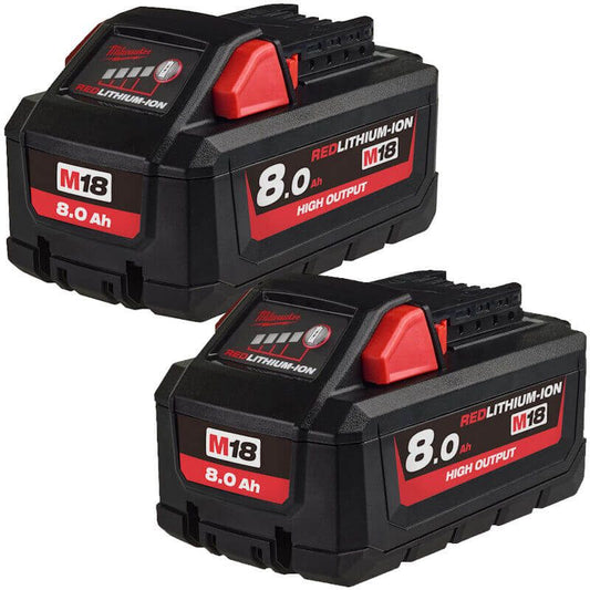 MILWAUKEE 2X M18HB8 M18 8.0AH HIGH OUTPUT RED LITHIUM-ION BATTERIES