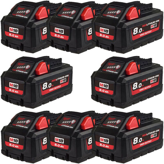 MILWAUKEE 8X M18HB8 M18 8.0AH HIGH OUTPUT RED LITHIUM-ION BATTERIES